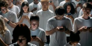Diverse group of people in white shirts focused on their smartphones, faces illuminated by screens.