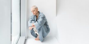 Bald woman in blue robe sitting by window, looking down with contemplative expression.