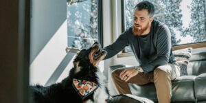 Person in dark shirt pets large black and white dog wearing citrus-print bandana near window.