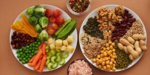 Two plates featuring fresh vegetables and assorted nuts with bowls of seasonings