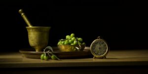 Still life with brass mortar, bowl of green fruit, and vintage clock