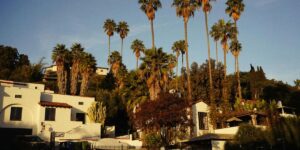 A scenic view of a hillside neighborhood with Spanish-style white houses, red-tiled roofs, and tall palm trees bathed in warm golden sunlight.