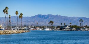 A scenic marina with boats docked along the waterfront, tall palm trees lining the shore, and rugged mountains rising in the background under a clear blue sky.