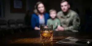 A close-up view of a glass of whiskey on a table next to a support group pamphlet, with a softly blurred background showing a mother, child, and father in a military uniform, illustrating the hidden struggles of alcohol dependency within veteran families.