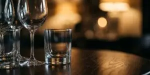 Empty wine and whiskey glasses on a dark wooden table with warm bokeh lights, moody contemplative atmosphere.