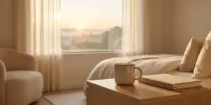 Peaceful sunrise through a recovery room window with journal and tea.