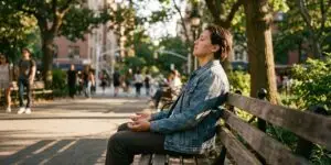 erson sitting on a park bench in a quiet green space during golden hour, practicing mindful breathing as a coping strategy for managing addiction triggers and cravings