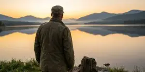 Veteran standing at the edge of a peaceful lake at sunrise, viewed from behind, reflecting on recovery from PTSD and substance use in a calm natural setting