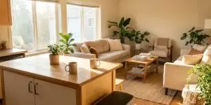 Bright sunlit communal living room in a sober living home with warm wood tones, houseplants, books on a coffee table, and two coffee mugs suggesting shared community and structured daily routine