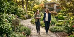 Two women walking together along a stone garden pathway surrounded by lush flowering hydrangeas, lavender, and mature trees, with a modern wellness facility visible in the background during golden hour.