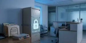 A modern healthcare office with a metal filing cabinet displaying a glowing digital padlock icon, colored file folders on a wooden desk, and a glass-walled clinical workspace with office chairs in soft blue lighting.