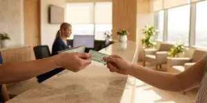 Two pairs of hands exchanging a green health insurance card across a polished reception counter at a bright, modern medical facility with a staff member working at a computer in the background.