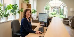 A smiling female receptionist sits at a front desk computer in a bright clinic waiting area with large arched windows, green plants, and comfortable chairs, reviewing patient insurance information on screen.