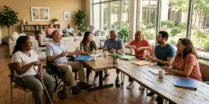A diverse group of people including a woman in a wheelchair gathered around a wooden table in a bright, plant-filled community room, smiling and engaging in supportive group discussion with books and materials nearby.