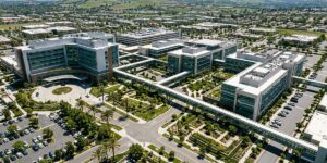 An aerial view of a large modern healthcare campus with multiple glass and steel buildings, manicured green lawns, landscaped gardens with palm trees, and a circular driveway with a parking lot.