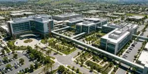 An aerial view of a large modern healthcare campus with multiple glass and steel buildings, manicured green lawns, landscaped gardens with palm trees, and a circular driveway with a parking lot.