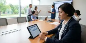 A diverse healthcare team in a conference room reviewing data on a tablet and whiteboard with charts, while colleagues discuss treatment metrics near large windows overlooking a medical campus.