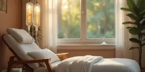 Sunlit IV therapy lounge with a reclining chair and drip stand in a calm wellness room, evoking restorative NAD+ treatment